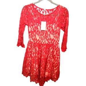 Free People Cherry Red Floral Mesh Lace 3/4 Sleeve Mini Bodycon Dress Size 0